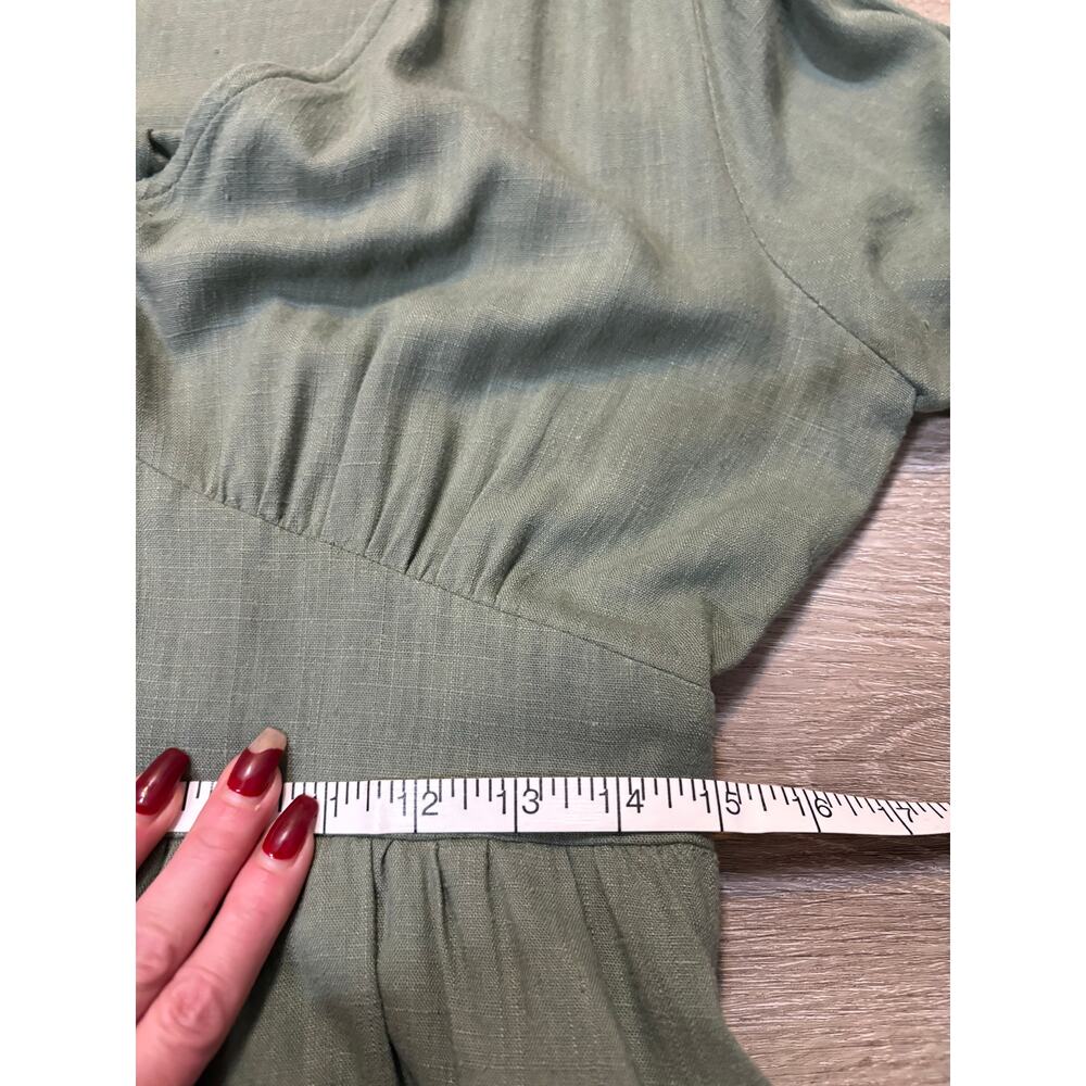 &Merci Sage Green Linen Midi Button Front Peasant Dress Large Fit Flare Casual - Picture 11 of 14